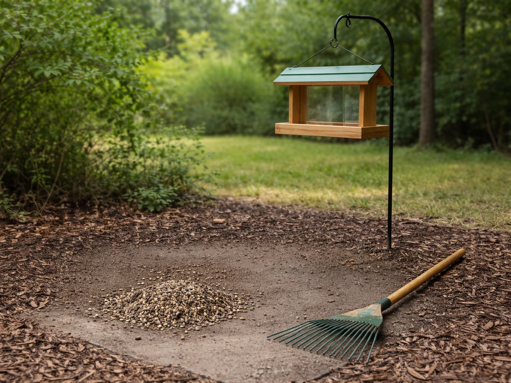 Cleaned bird feeder with swept raked hulls and cleared ground beneath it outdoors