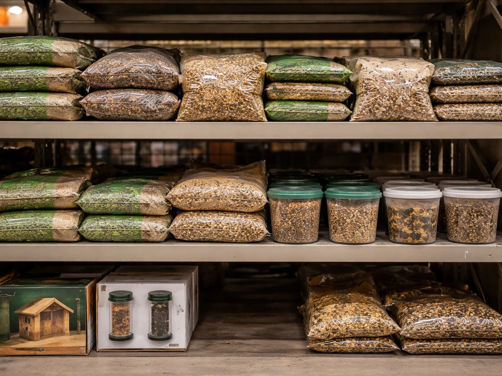A quiet garden center aisle with wild bird seed and bird food bags and tubs side by side.