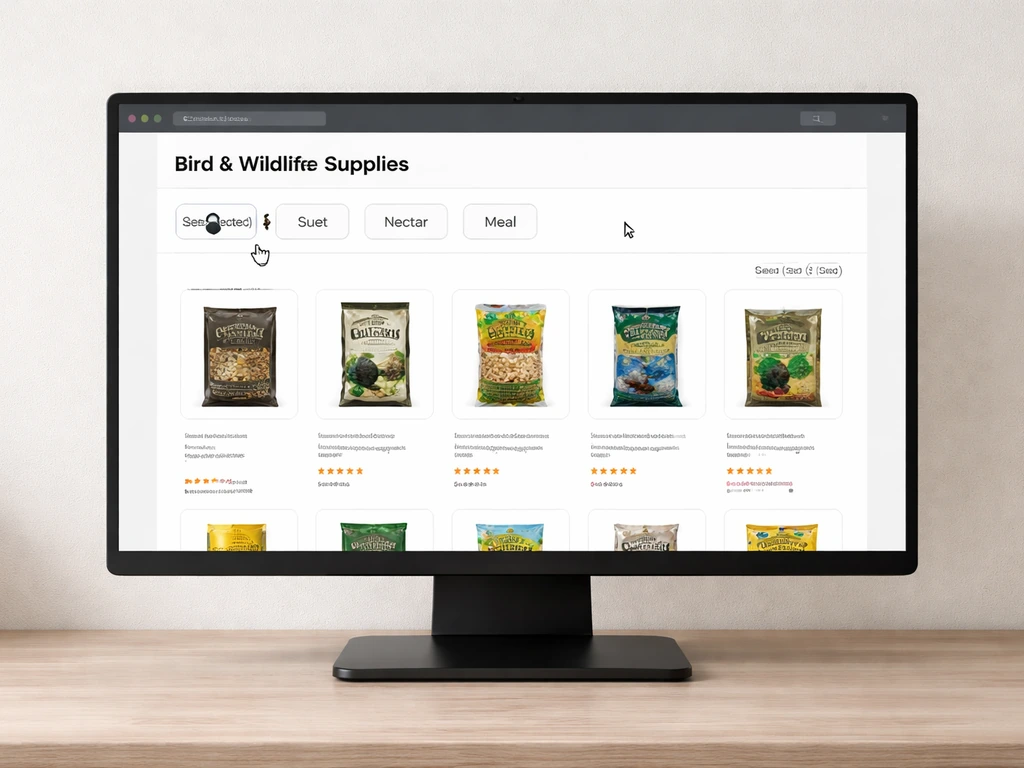 Photo of a computer screen showing bird seed filters (seed, suet, nectar, meal) with one selected.