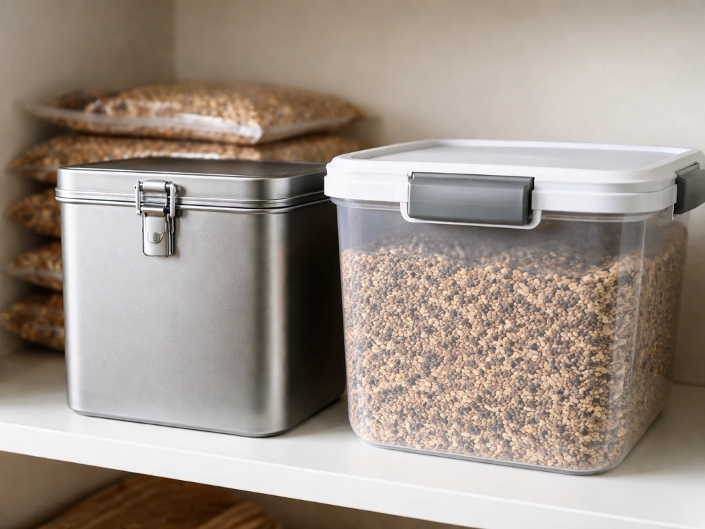 Airtight metal and plastic bins for bird seed on a clean dry shelf.