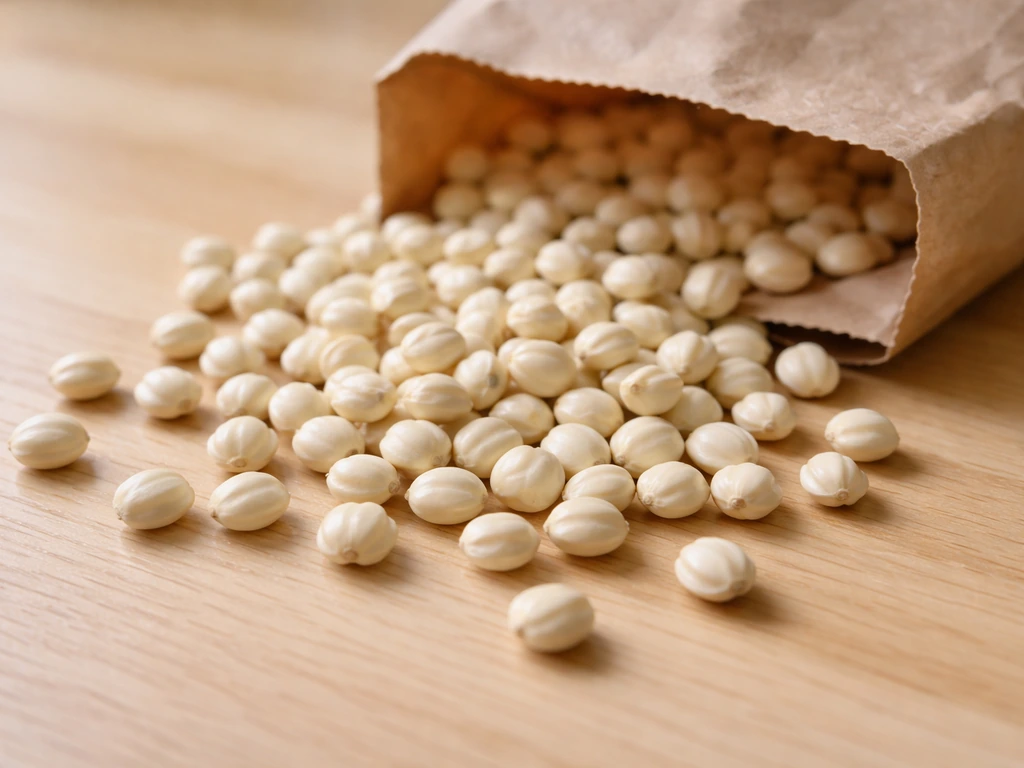Pale white proso millet kernels in-shell beside an open paper bag, showing what’s inside.