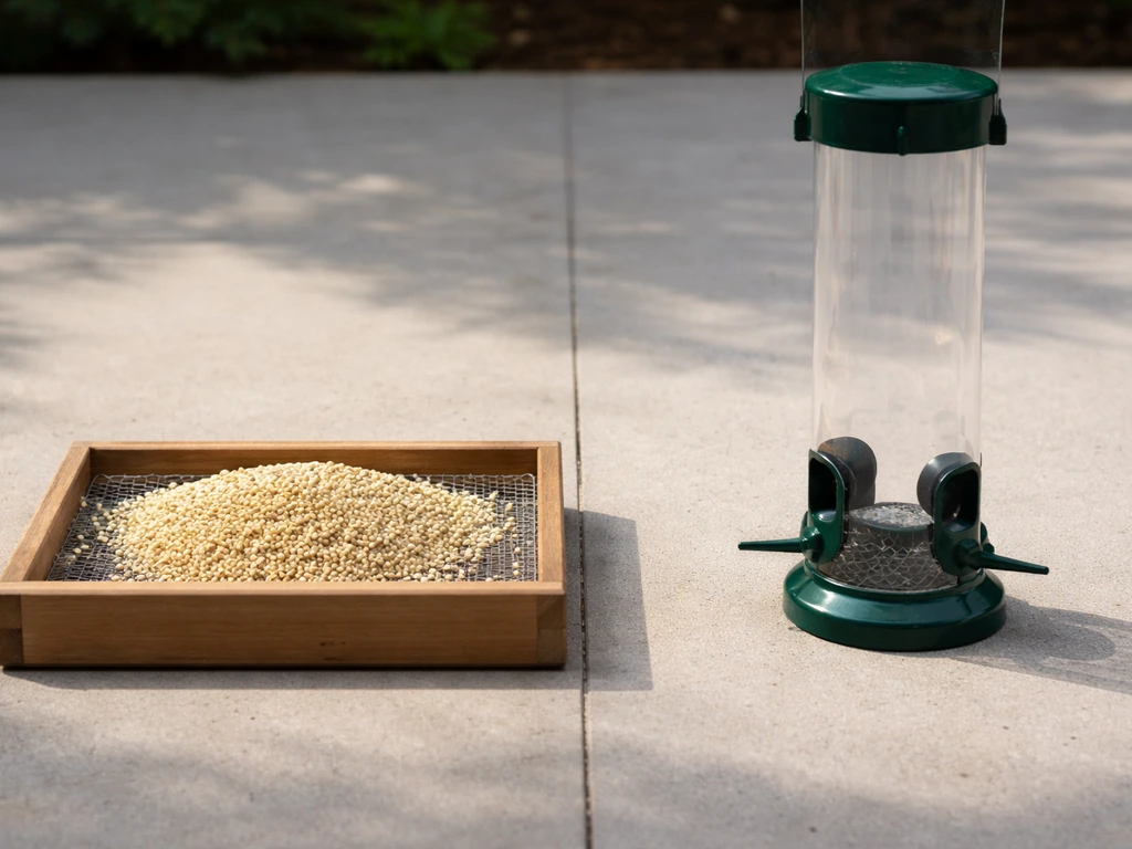 Side-by-side feeders: open platform with white millet vs empty tube feeder with no access.