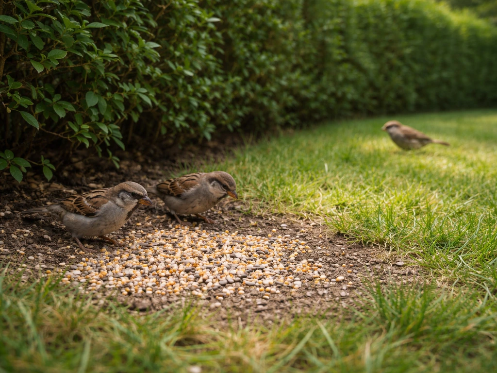 Small ground-foraging birds near a backyard scatter feed beside a hedge for safer cover.