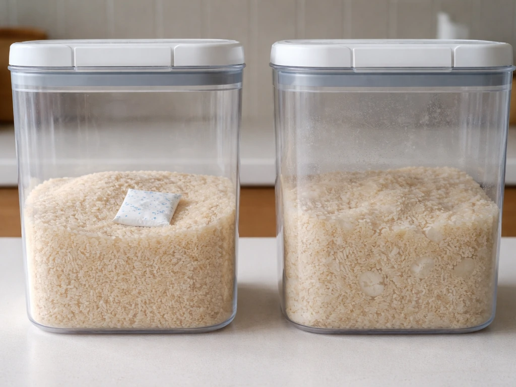 Clean dry grain container with desiccant beside a damp, mold-affected container for moisture control.