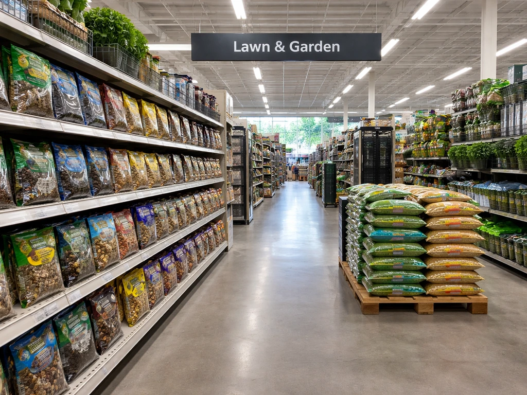 View down a Lowe’s Lawn & Garden aisle with bird seed shelves and overhead signage guiding shoppers.