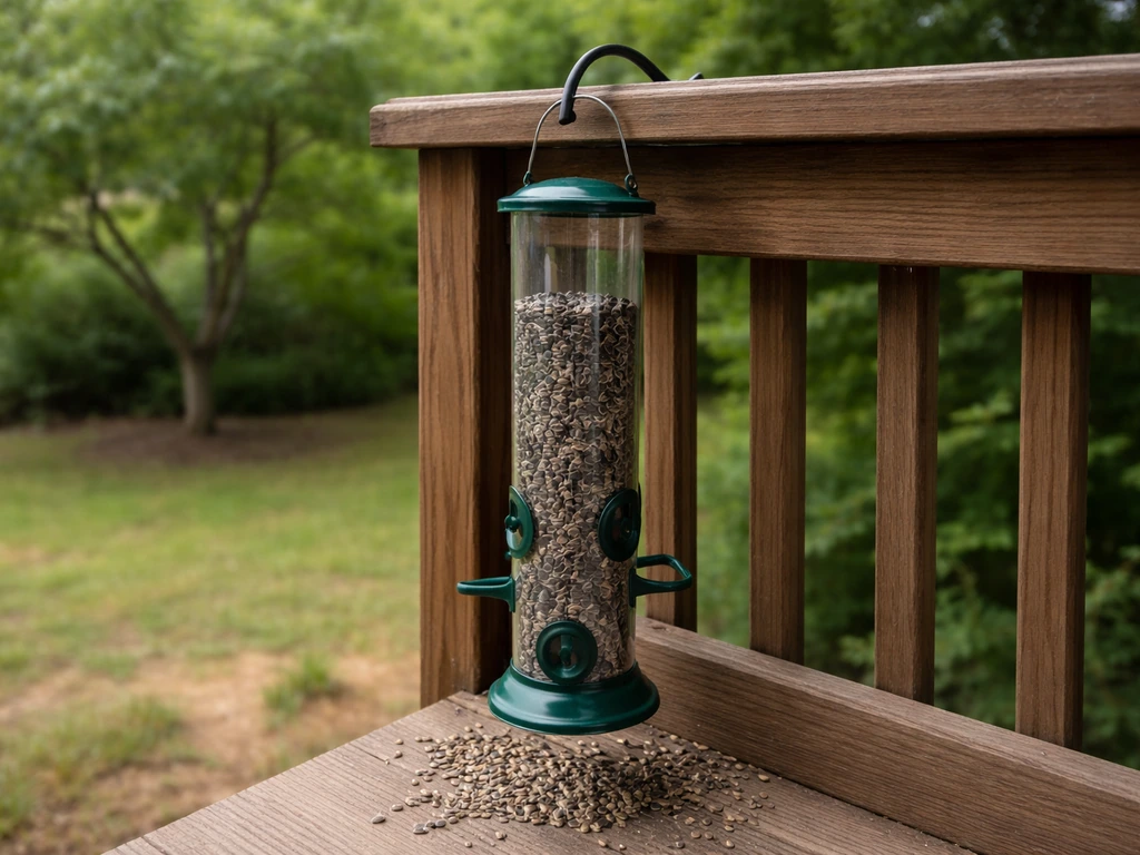 Sunflower-filled tube bird feeder hanging on a porch with seeds scattered below, backyard greenery blurred behind.