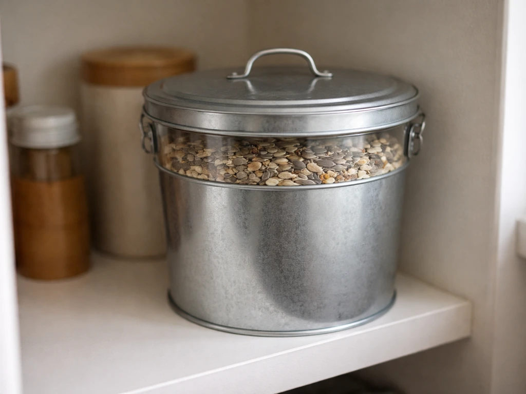 Sealed metal bin with bird seed indoors in a dry, tidy storage area