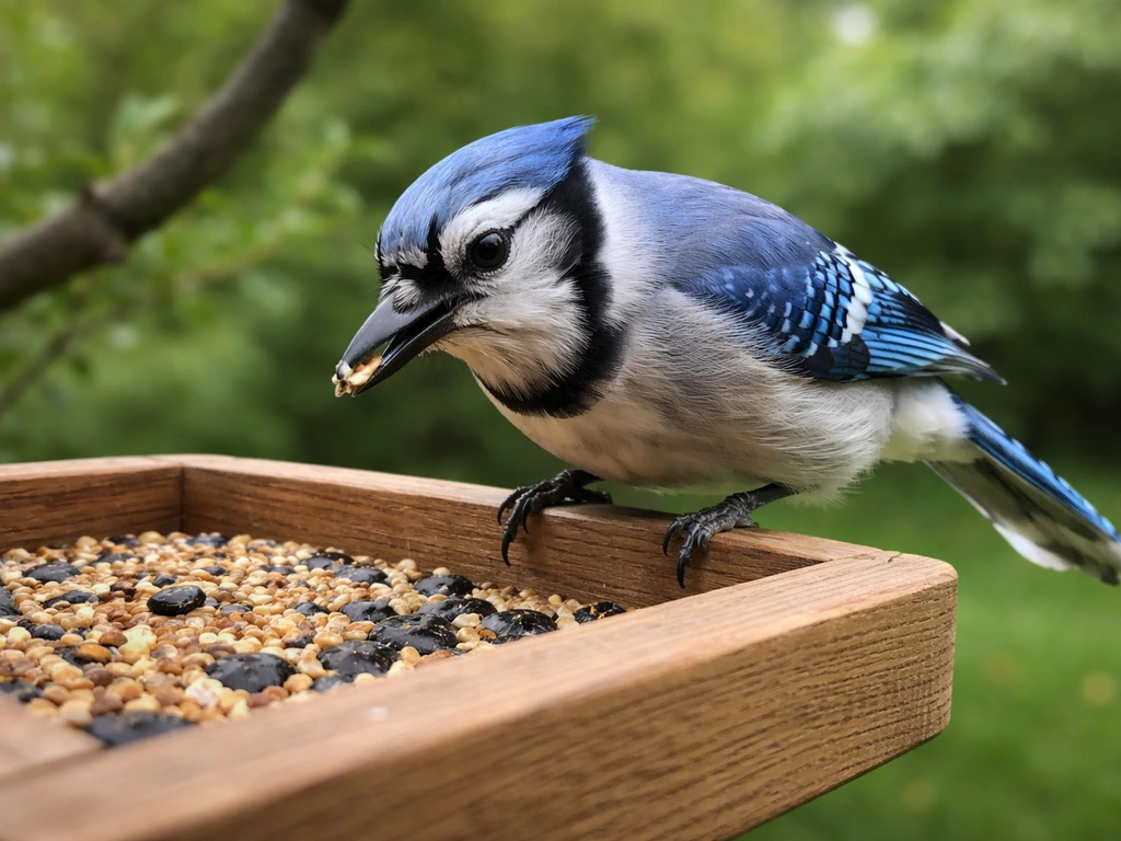 Blue jay perched at a bird feeder, eating seeds from a tray in the foreground.