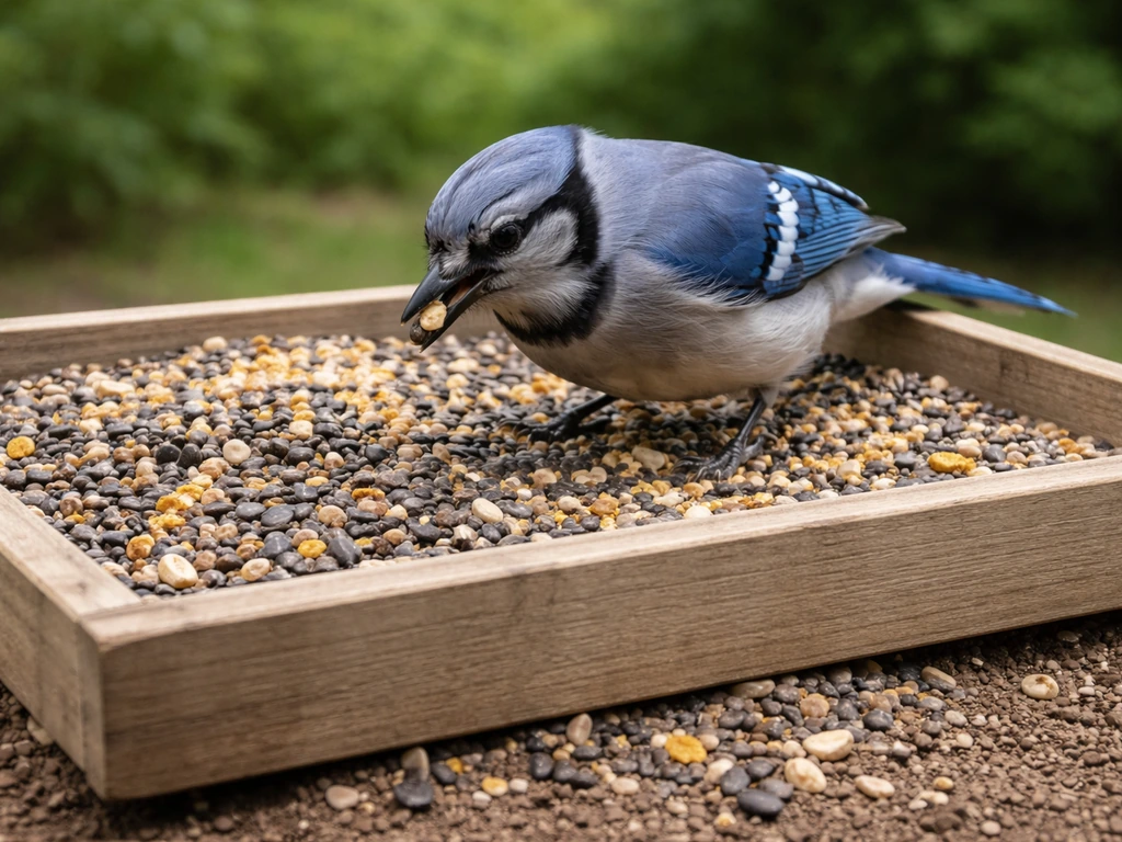 Blue jay perched at a platform feeder, seeds and hulls scattered on the ground beneath.