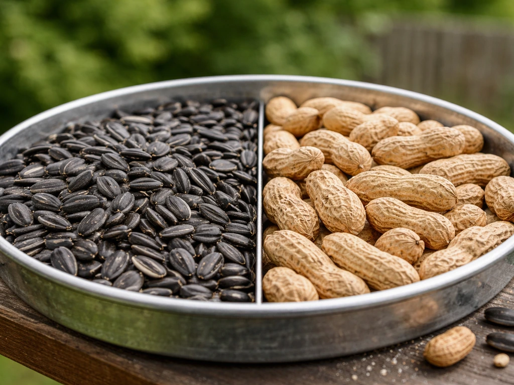 Close-up of a feeder tray with black-oil sunflower seeds and peanuts in shell for blue jays.