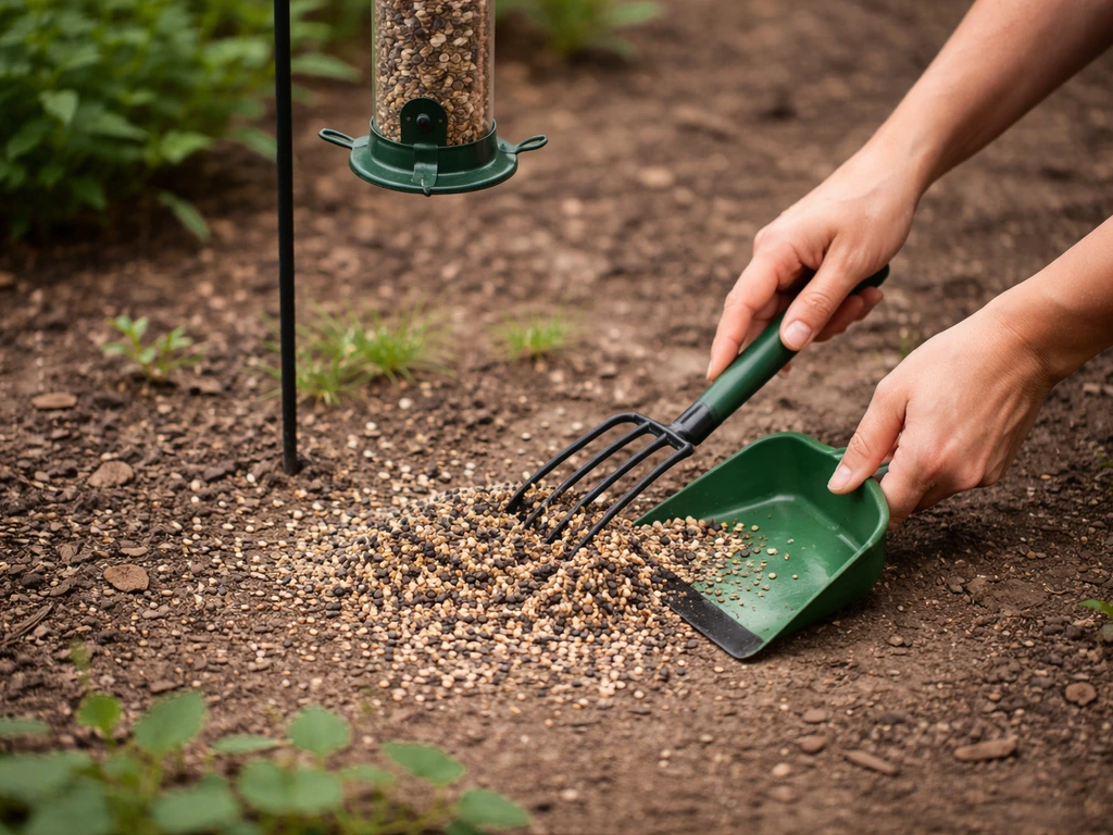 Person raking fallen bird seed hulls and droppings beneath a backyard bird feeder