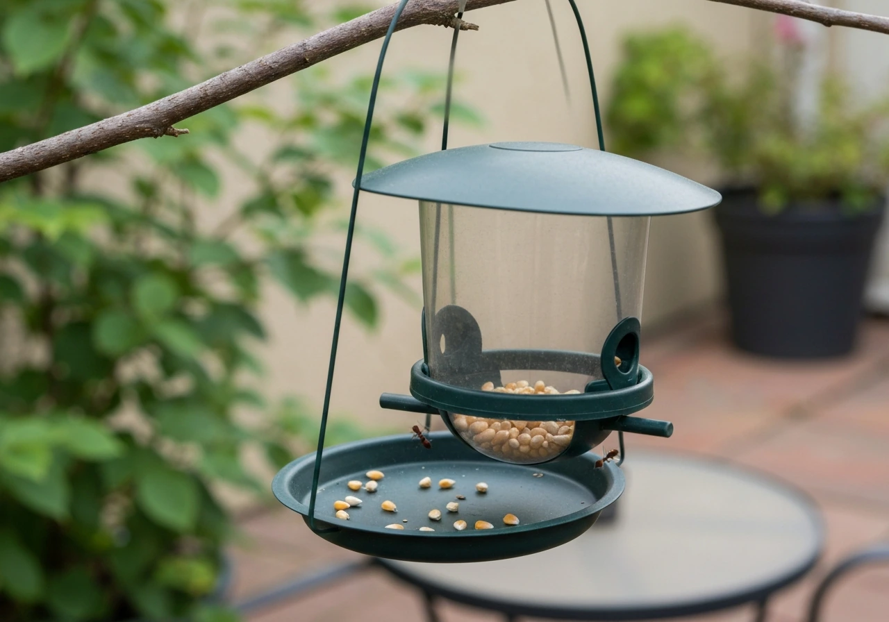 Close-up of a backyard bird feeder with an ant baffle/moat area, clean and undisturbed.