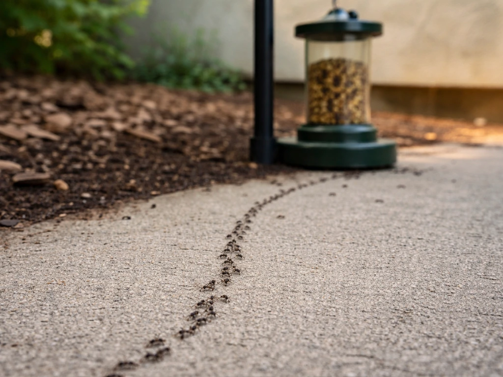 Close-up of an ant trail on concrete leading up to a hanging bird feeder pole