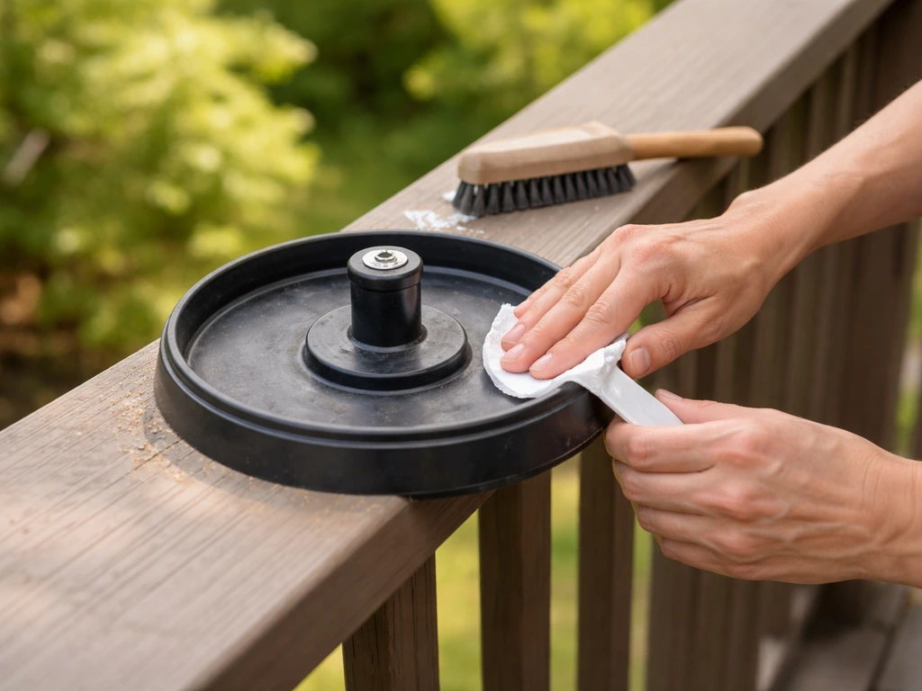 Cleaned bird feeder base with spilled seed removed and hands preparing to reload the feeder.