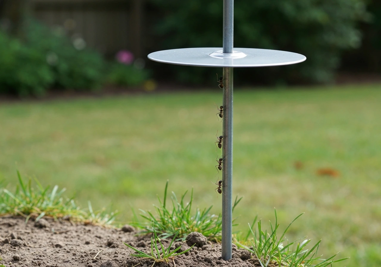 Close-up of a pole bird feeder baffle blocking ants climbing a garden pole.