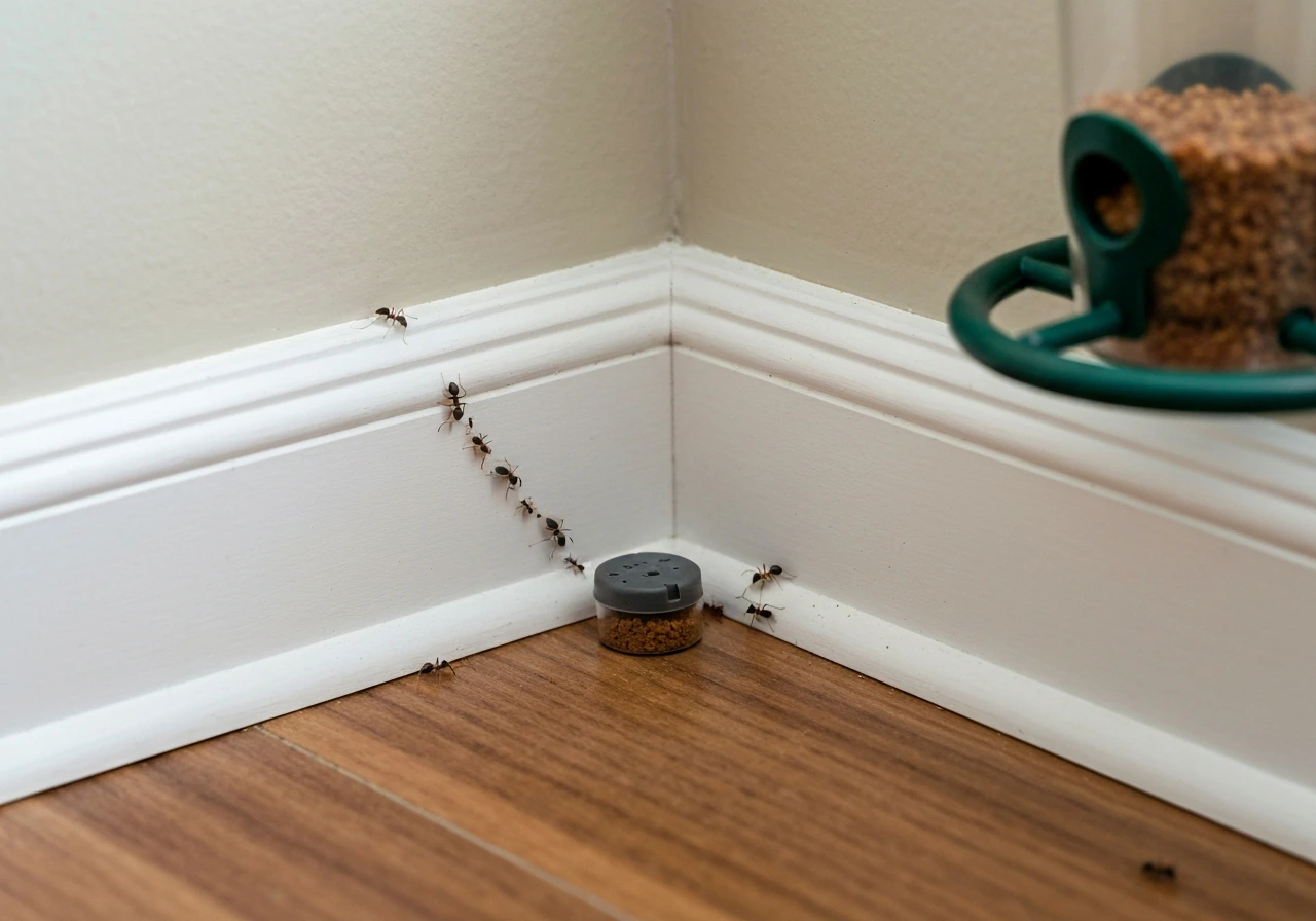 Close view of a small ant bait station placed on the floor near a wall, with ants traveling along a path.