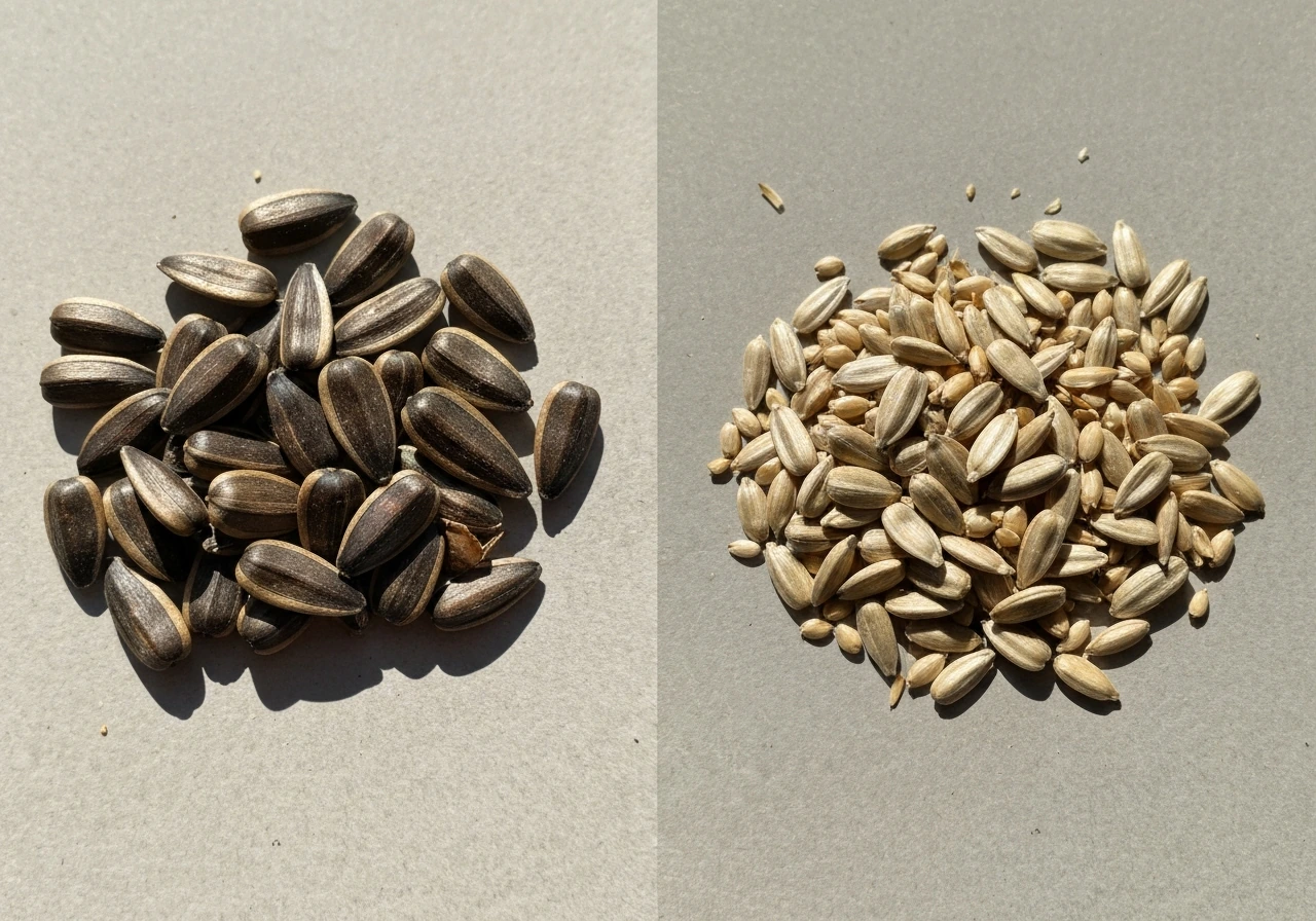 Closeup of two separate bird seed piles showing black oil sunflower seeds vs mixed seed pieces.
