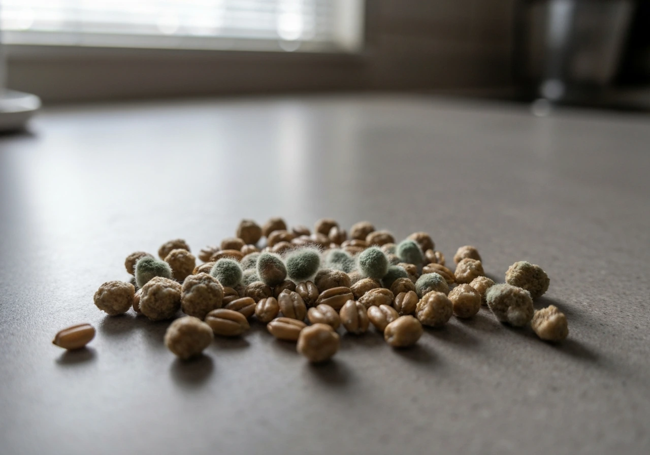 Closeup of damp, clumped bird seed with visible fuzzy mold growth in a dim, simple indoor setting.