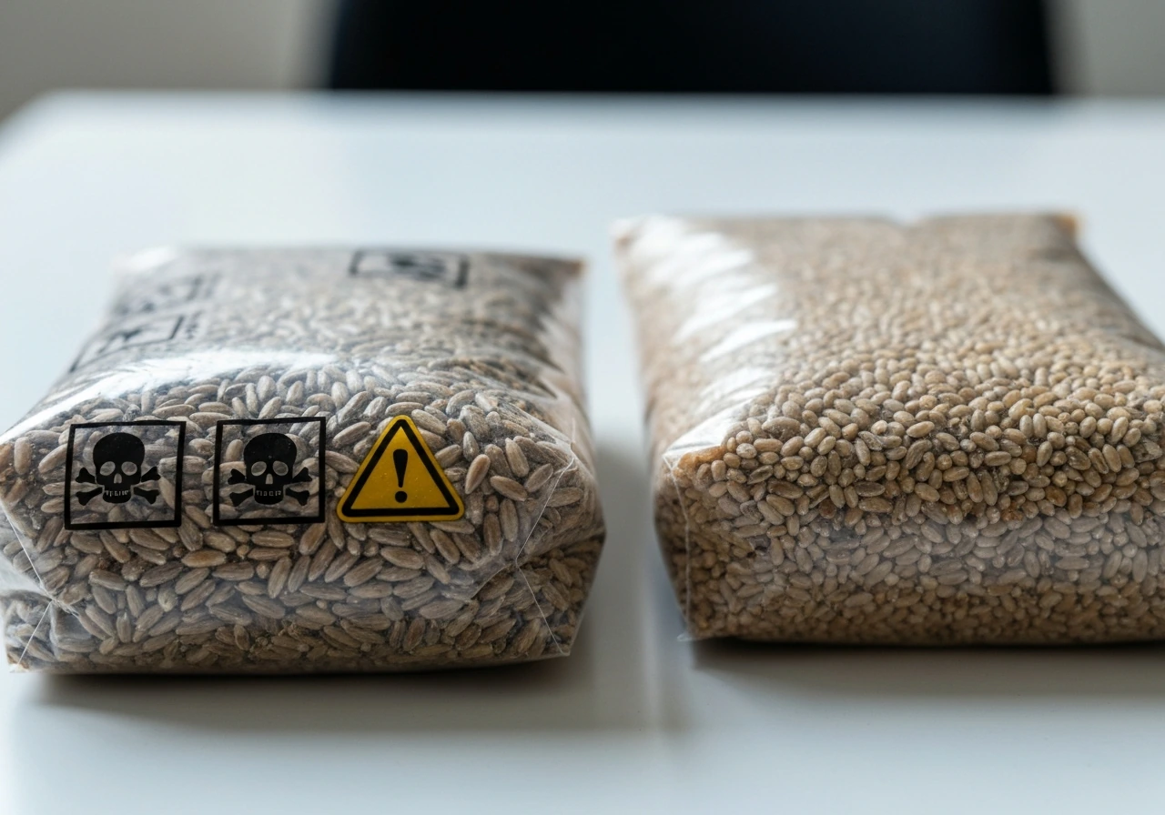 Close-up of a bird seed bag with hazard-style icons beside a plain, unmarked food-grade option