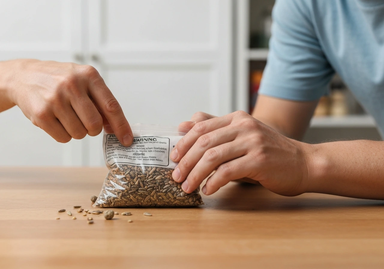 Hands inspect a bag of dry bird seed on a table, checking for moisture or mold.
