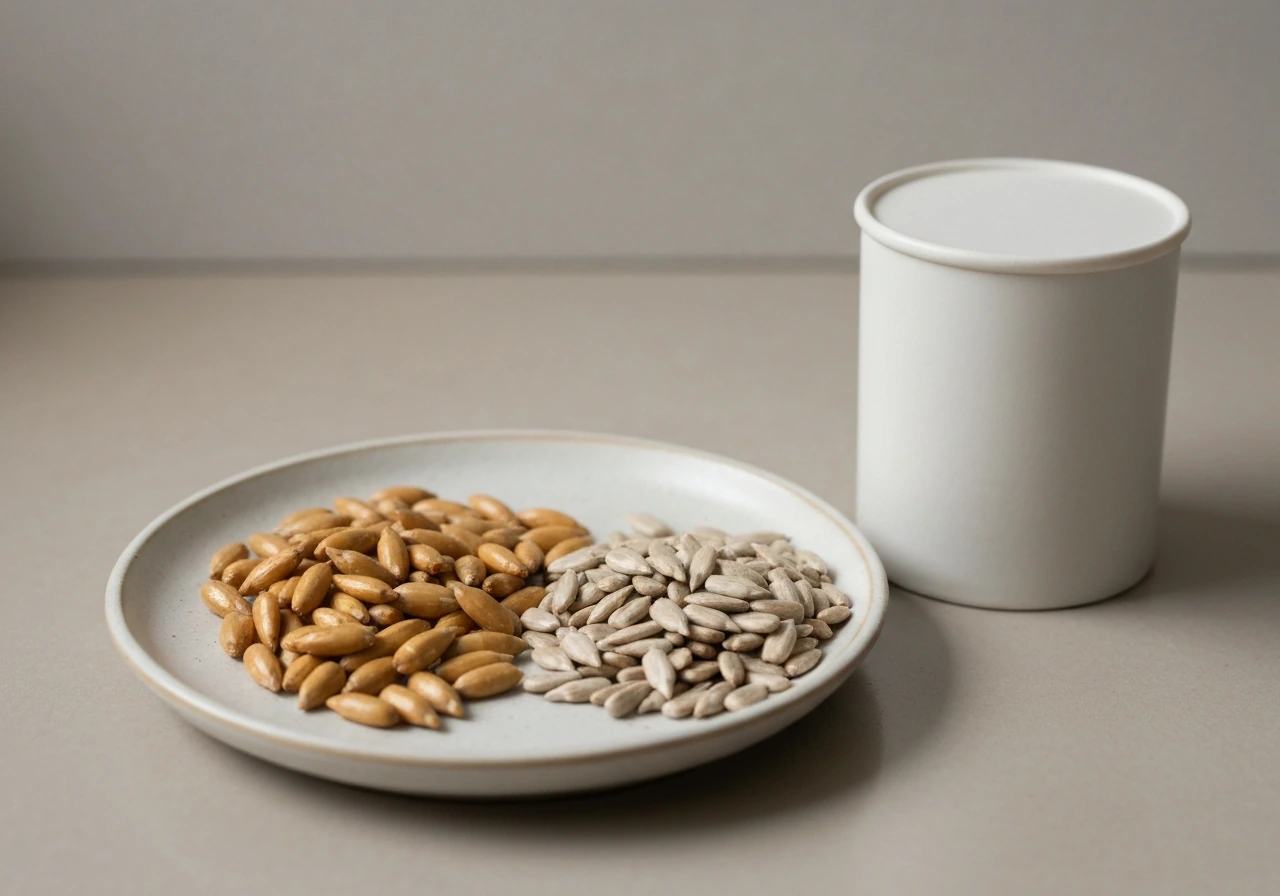 Small plate of roasted and raw shelled sunflower seeds with a nearby unsalted container