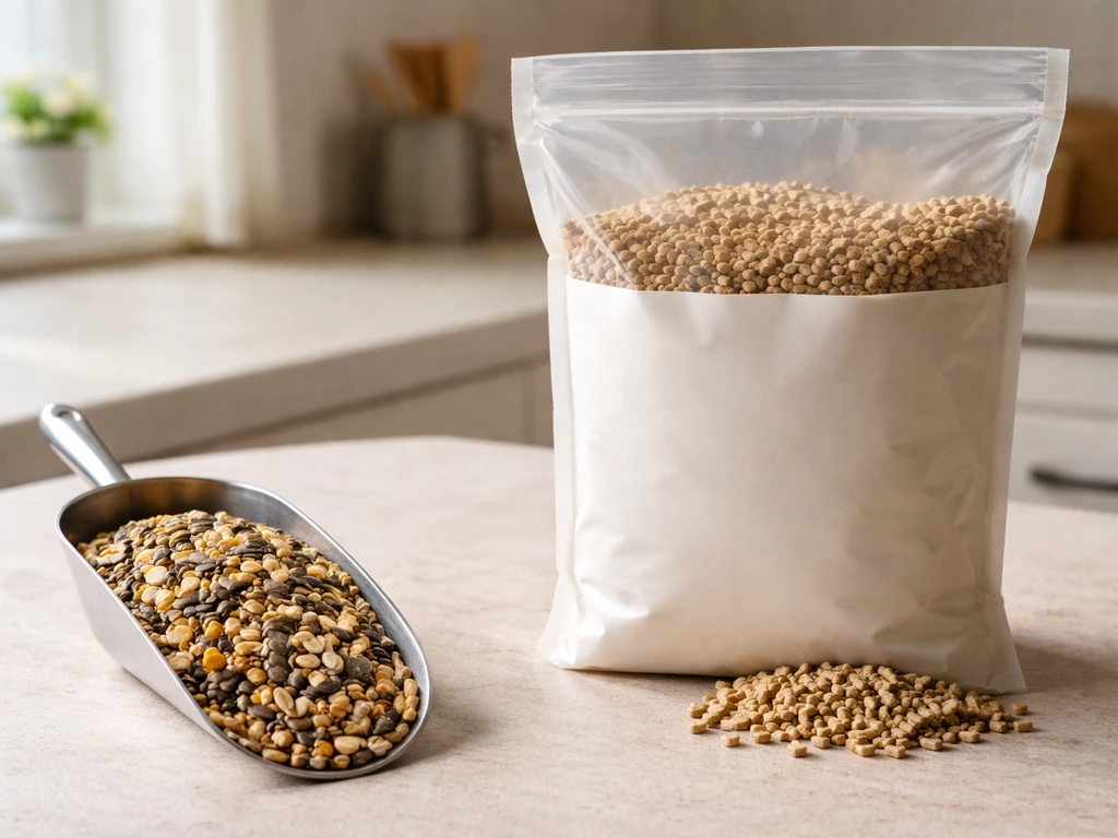 Scoop of wild bird seed beside a container of complete layer chicken feed with visible pellets.