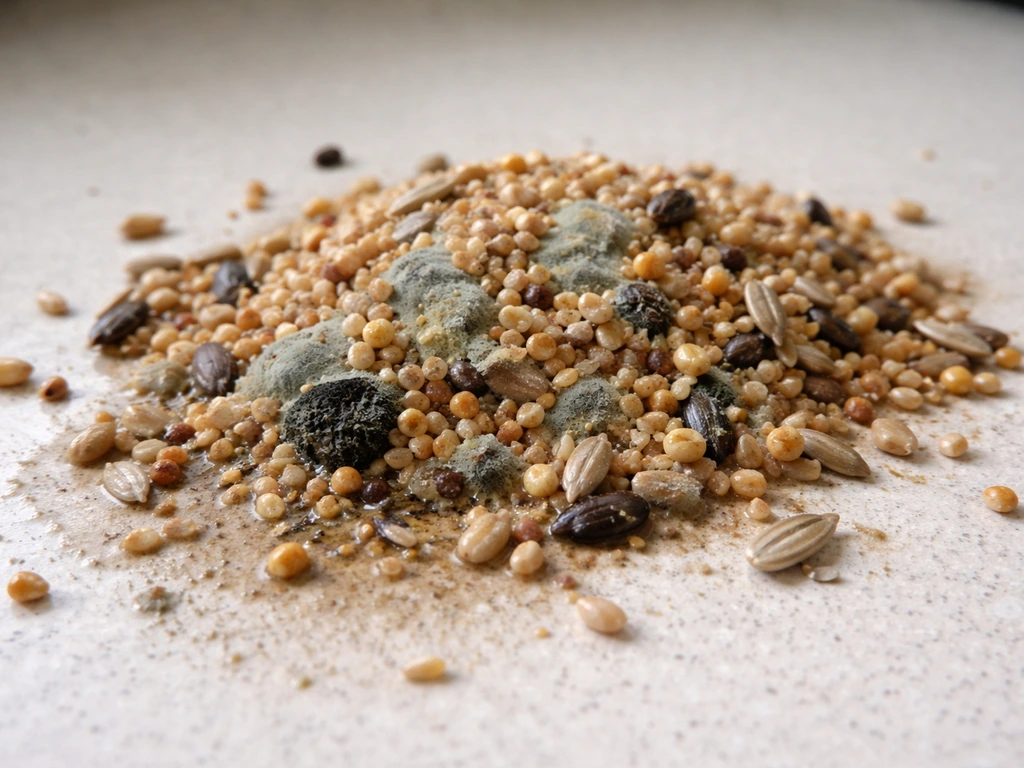 Close-up of damp, clumped bird seed with faint mold-like discoloration on a plain surface