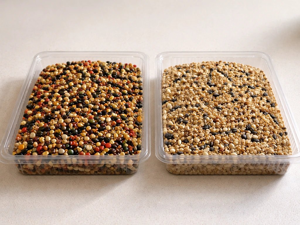 Tray of dyed, glossy bird seeds beside a tray of plain uncoated seeds for contrast.
