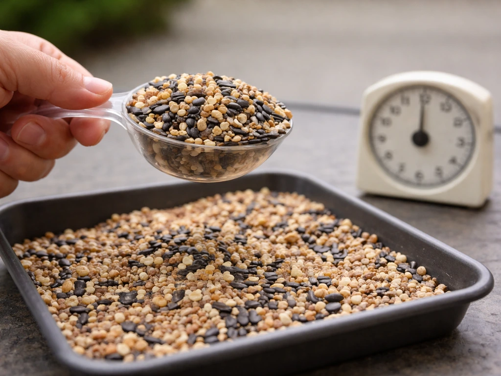 Anonymous hand offering a scoop of bird seed in a low tray beside a small analog timer.