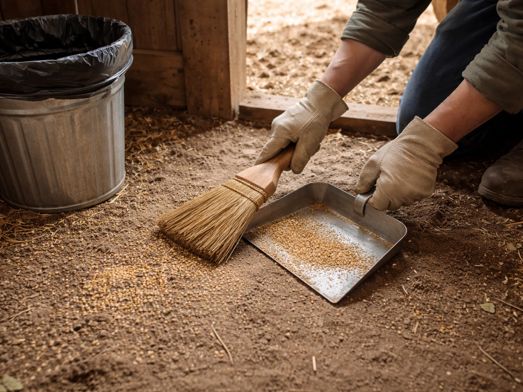 Person sweeping chicken coop floor, raking uneaten seed into a dustpan for disposal.