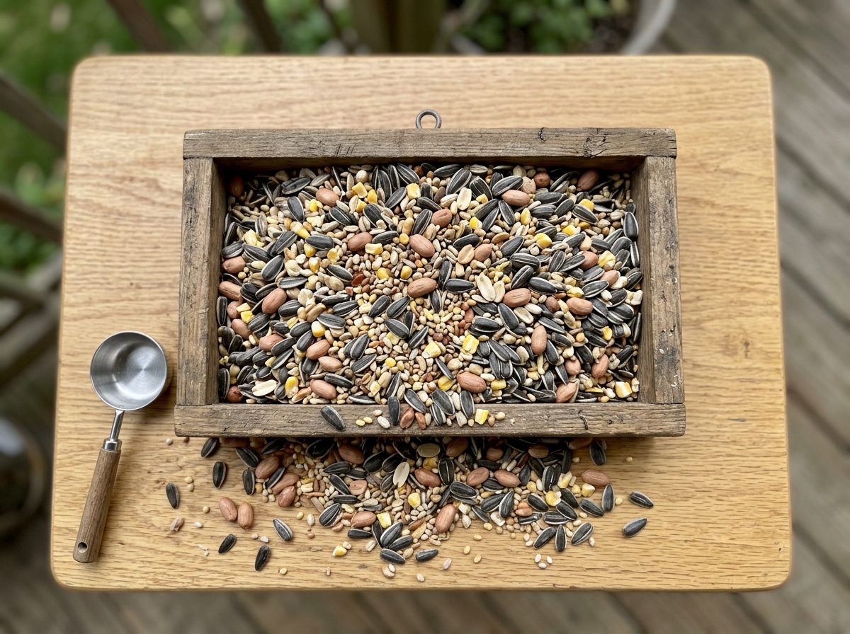 Sunflower and peanut bird seed mix on a feeder shelf showing calorie-rich seed types