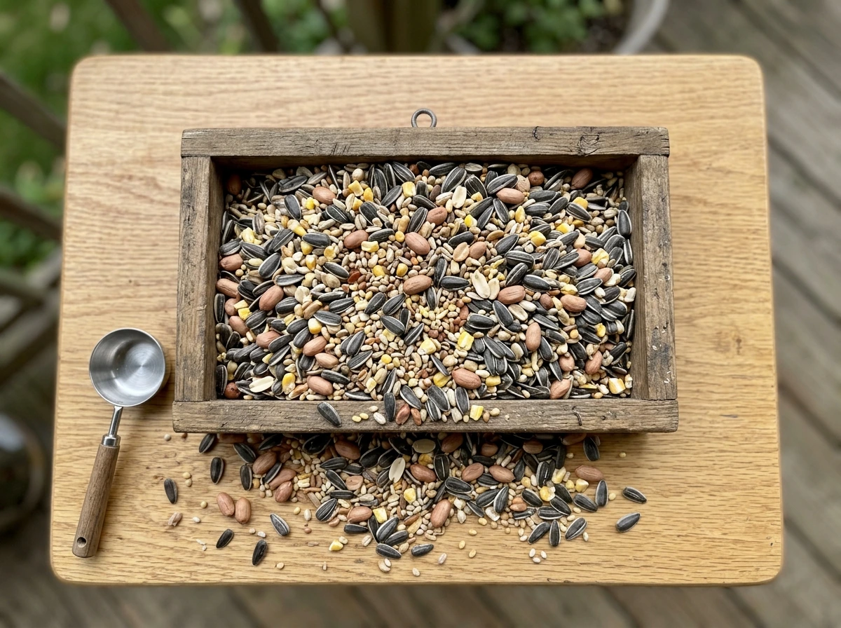 Sunflower and peanut bird seed mix on a feeder shelf showing calorie-rich seed types