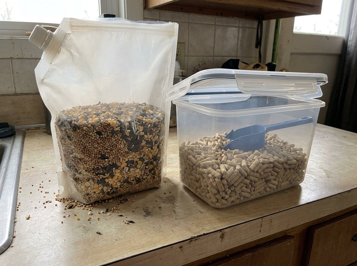 Bag of bird seed sealed container next to a mouse pellet block for pet nutrition contrast