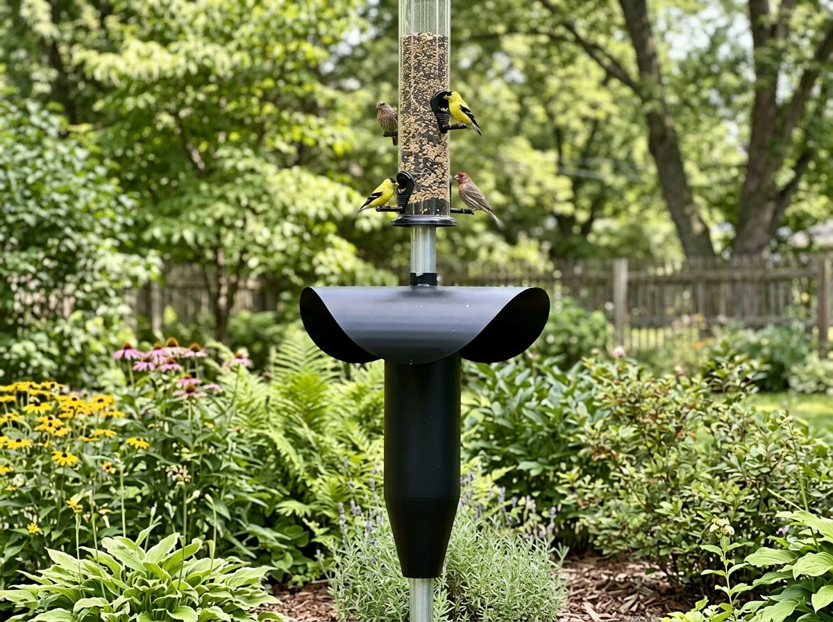 Metal pole bird feeder with baffle installed to block climbing access
