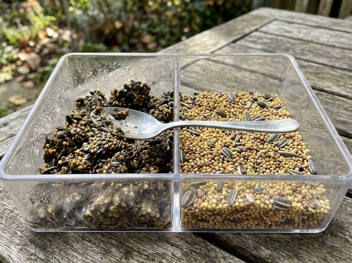 Wet and clumped bird seed in feeder compared with dry seed in a separate container