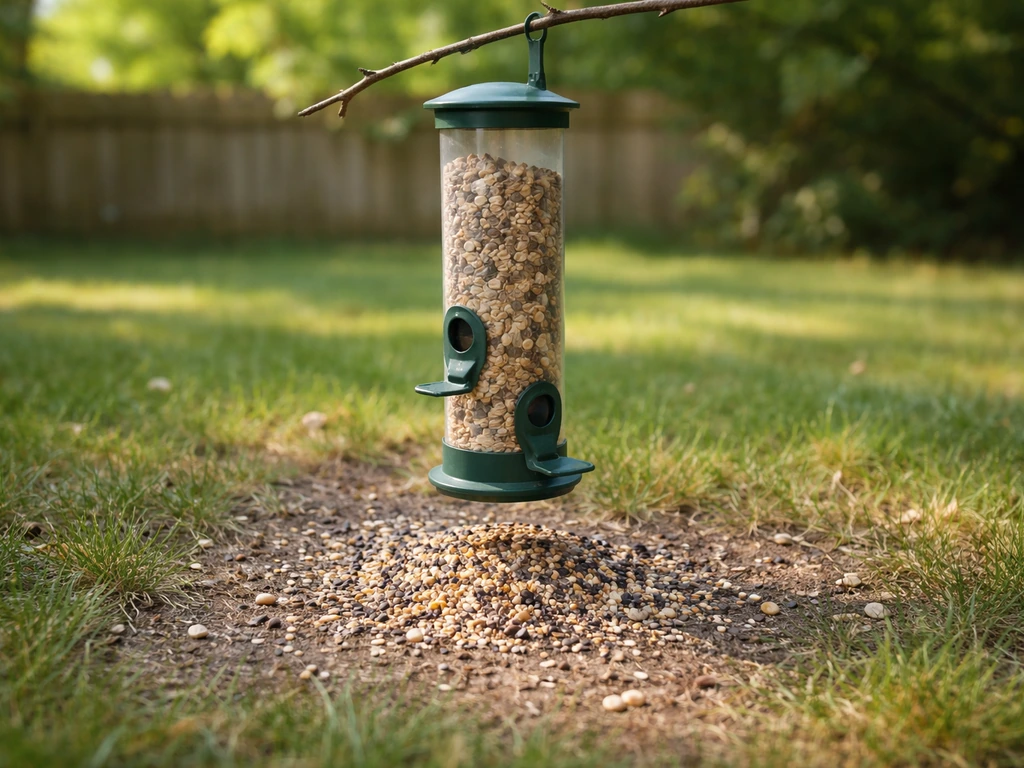 Sunlit backyard bird feeder with spilled seed and multiple seed types scattered on the ground.