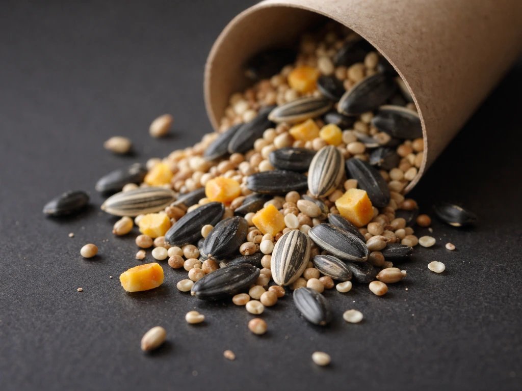 Mixed wild bird seed ingredients spilling from a scoop: sunflower seeds, millet, and cracked corn.