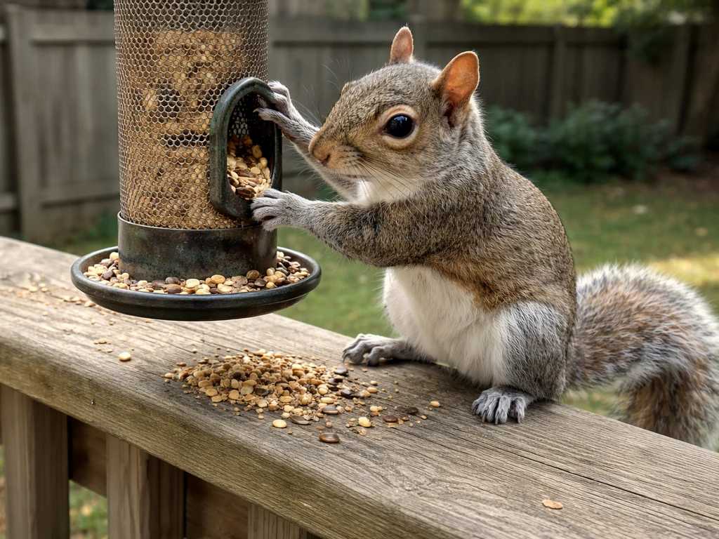 A gray squirrel clambering at a backyard bird feeder, reaching for spilled seed beneath it.