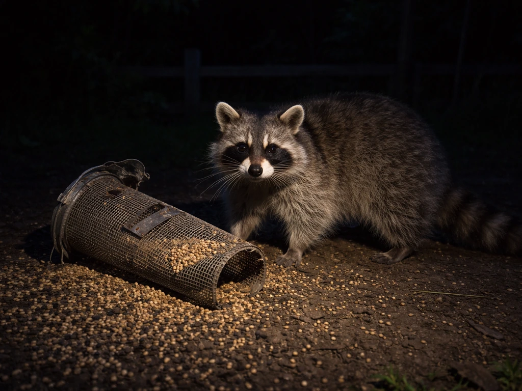 Raccoon at night pulling down a damaged bird feeder with seeds scattered on the ground.