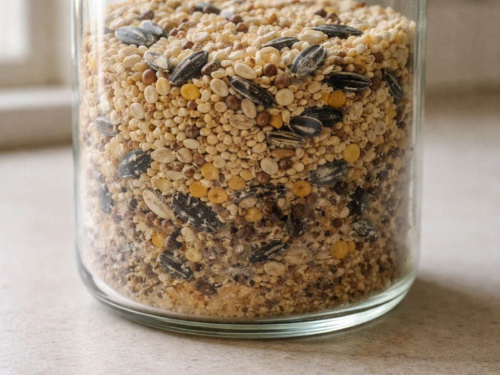 Close-up of bird seed in a clear jar showing some clean grains and some slightly clumped, spotty pieces.