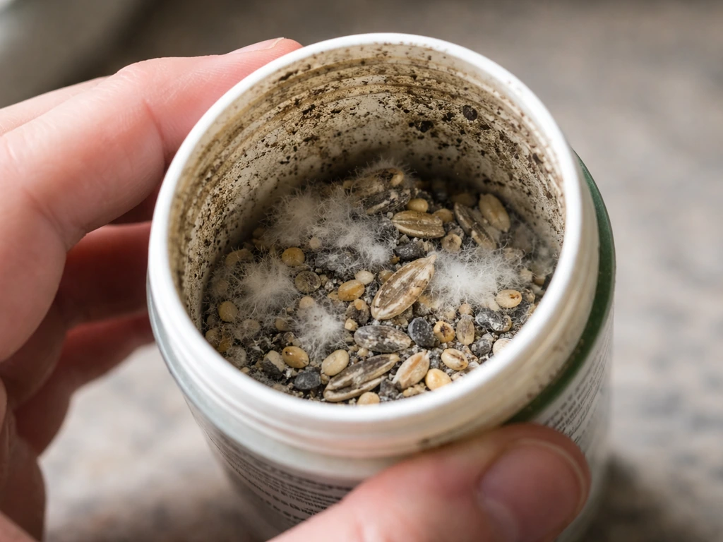 Hands holding an open bird seed container showing fuzzy mold, dusty coating, and dark specks inside.