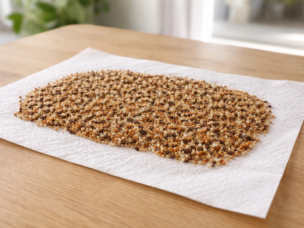 Seeds spread thin on dry parchment in bright natural light, suggesting they can still be salvaged.