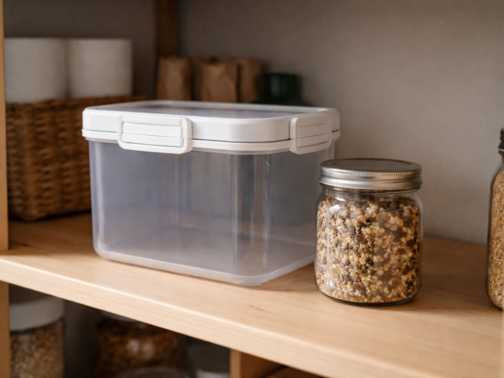 A sealed hard-sided container of dry bird seed on a shelf in natural light, suggesting moisture and pest prevention.