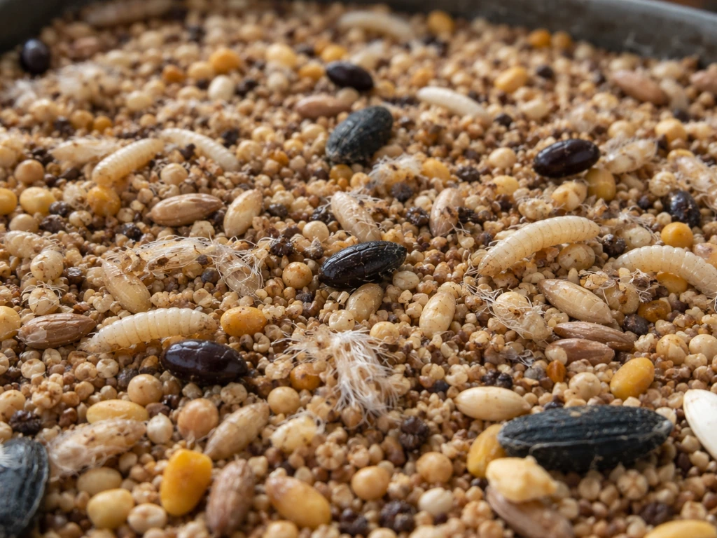 Macro close-up of bird seed with tiny beetles, pale larvae, and casings mixed among grains.