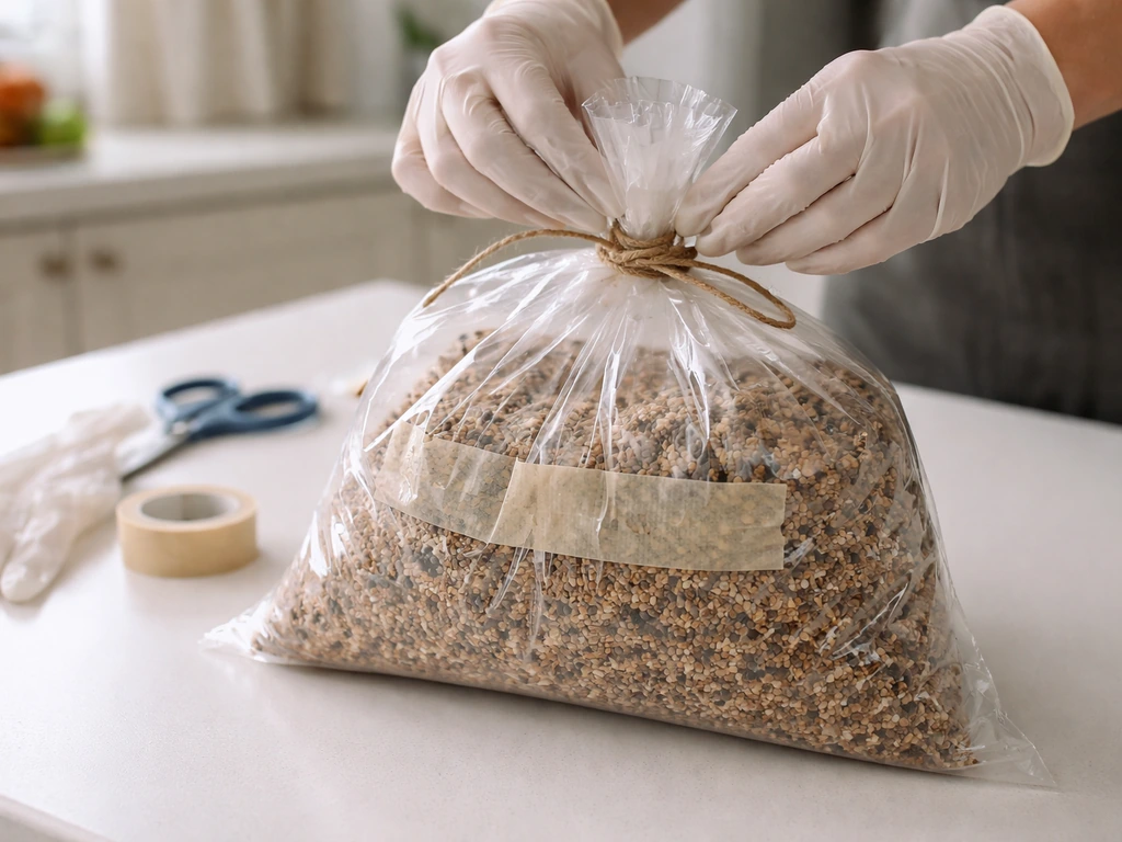 Heavy plastic bag sealed around an infested bird seed bag, with gloved hands and clean tools nearby.