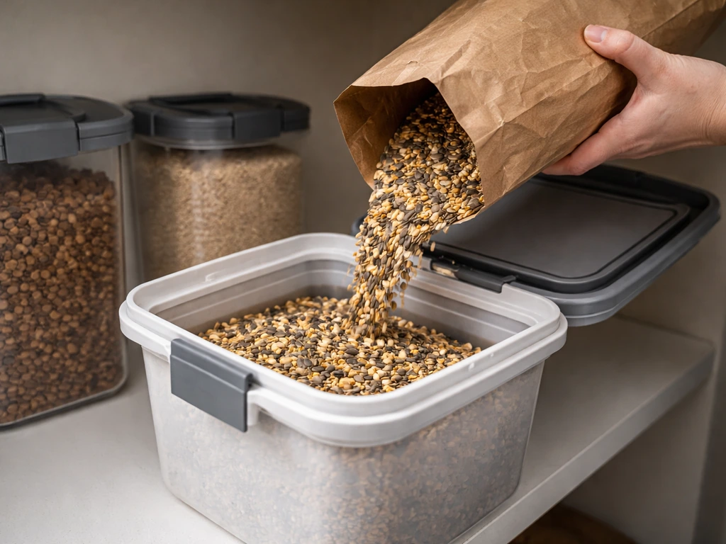 Bird seed being transferred into a tightly sealed hard container with a gasket lid in a cool storage area
