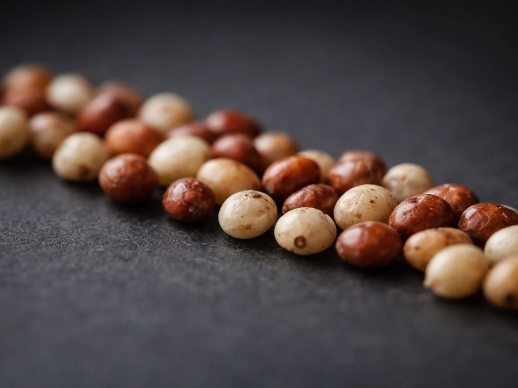 Close-up of small round white or reddish sorghum (milo) grains on a dark surface