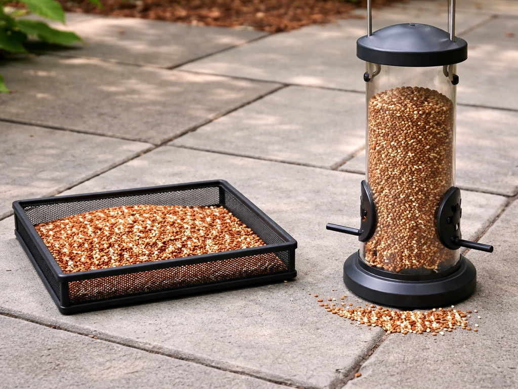 Ground tray with scattered milo next to a tube feeder with milo piled, showing better vs worse placement.