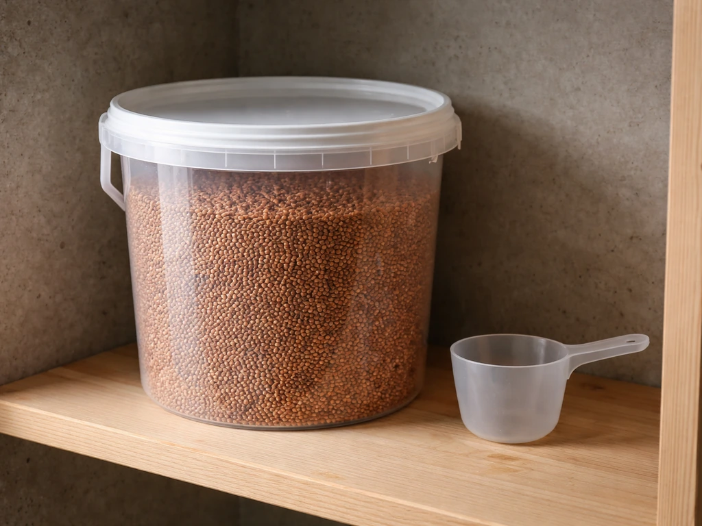Sealed bucket of dry milo grains in a cool, dry storage area on a simple shelf.