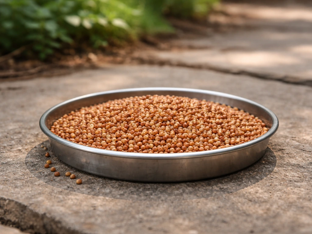 Dedicated tray of milo placed separately on a garden surface, distinct from other seeds to reduce waste.